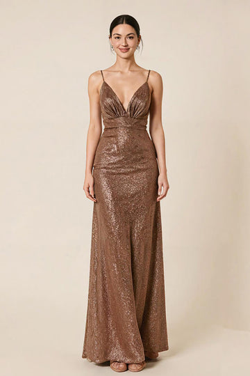 Coffee Sequin Sheath V Neck Long Evening Dress